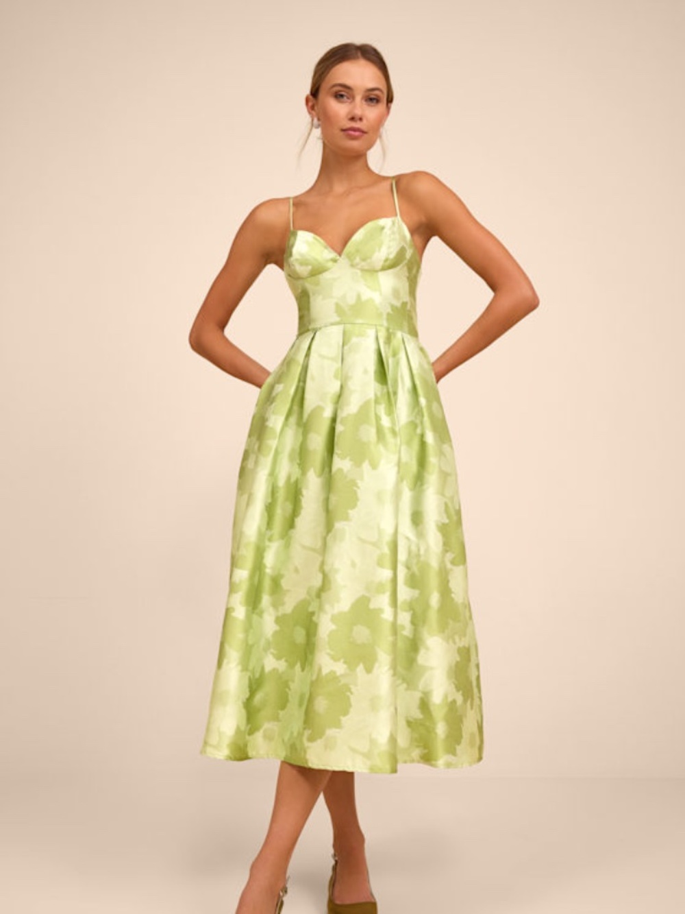 Lulus Vivinna Lime Green Floral Jacquard Pleated Midi Dress - Size XXL